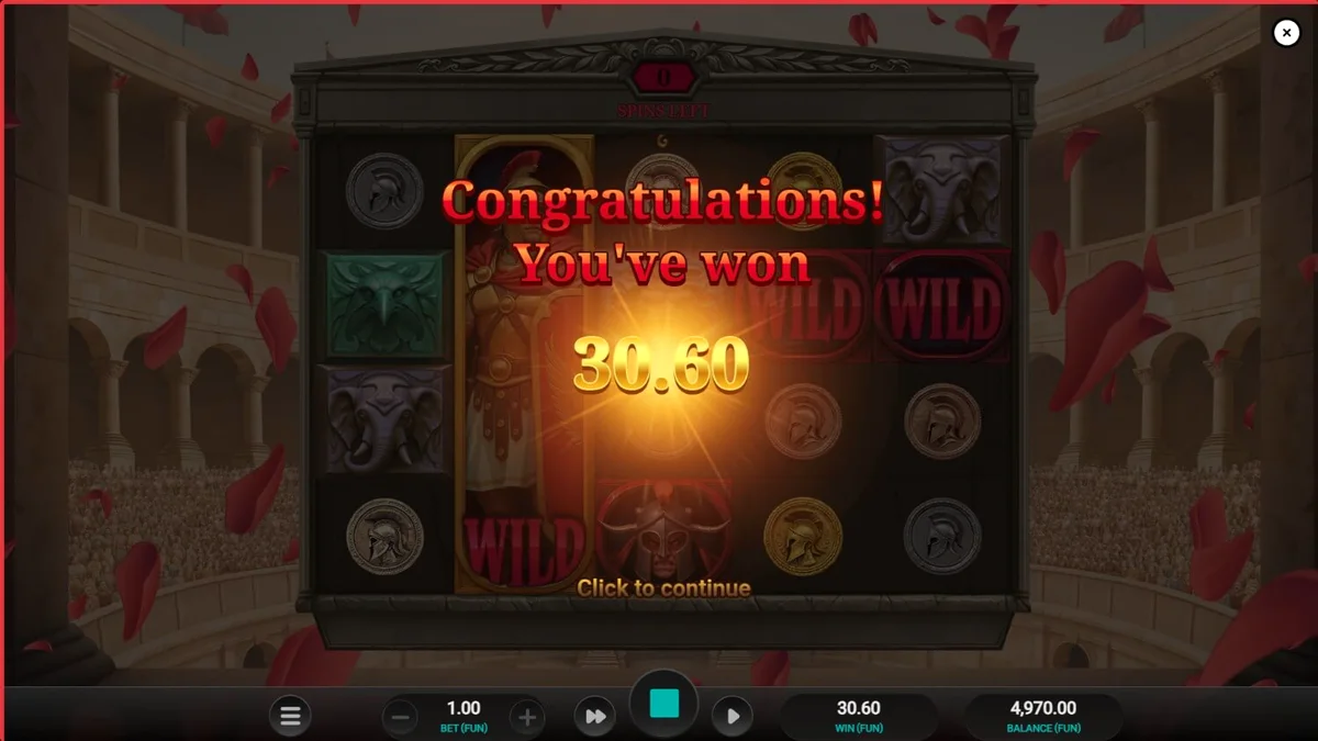 Interface de jogo do slot Arena of Fortune com tema de gladiadores e Coliseu