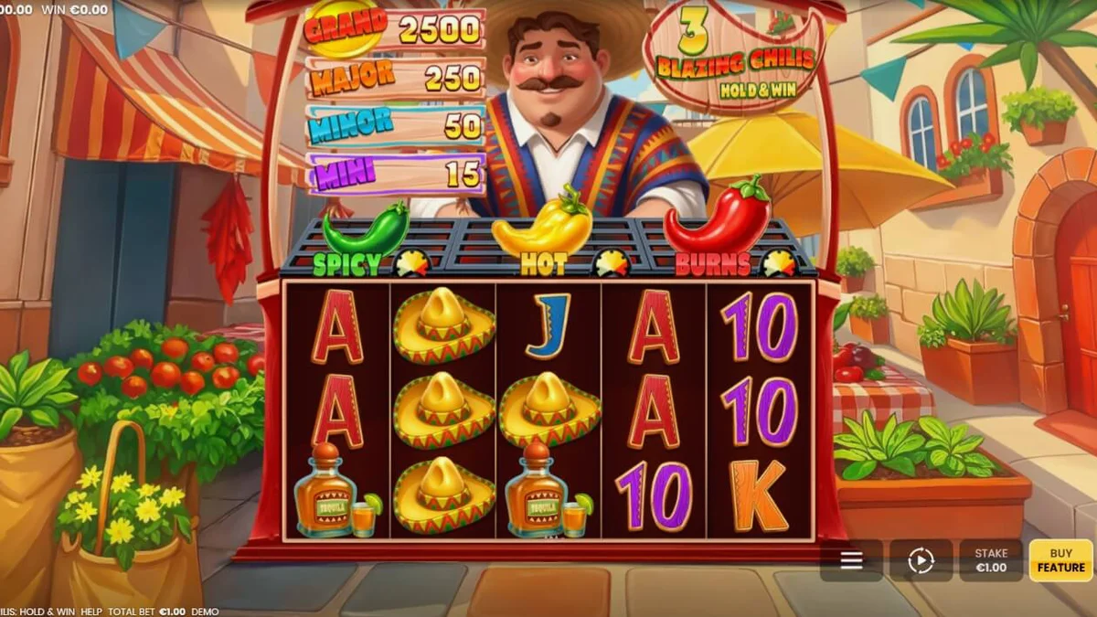 Interface vibrante do slot 3 Blazing Chilis com tema de festa mexicana